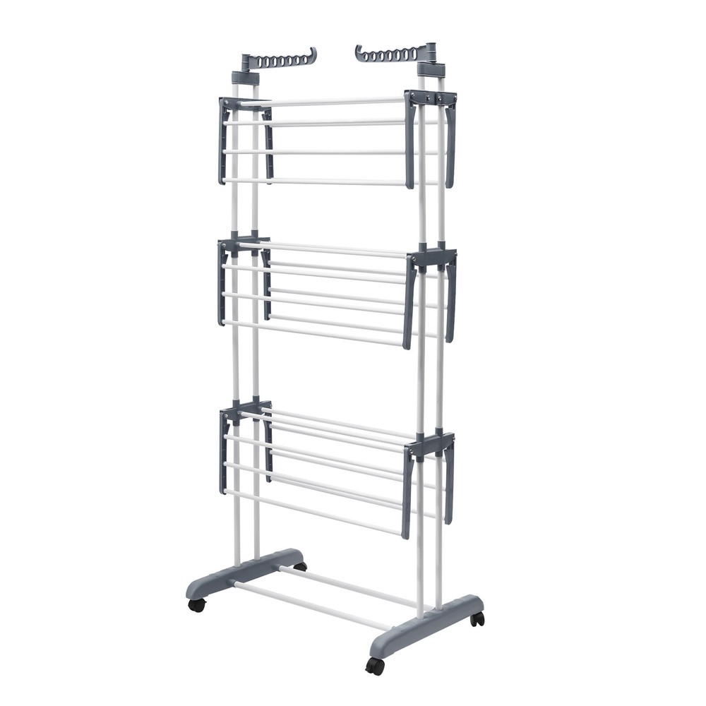 67" Portable Folding Drying Rack with Retractable Trays & Stable Structure