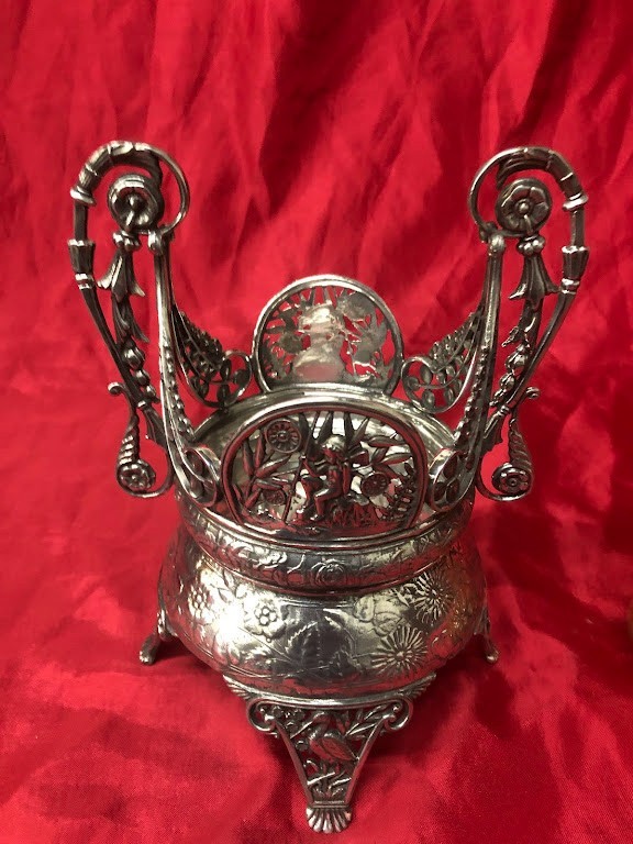 Antique Multi-Colored Glass Celery Vase & Silverplated Castor