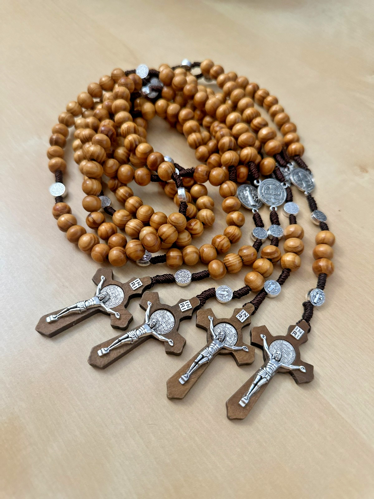 Saint Benedict Wooden Beads Rosary with INRI Crucifix & Medal Catholic Prayer 4x