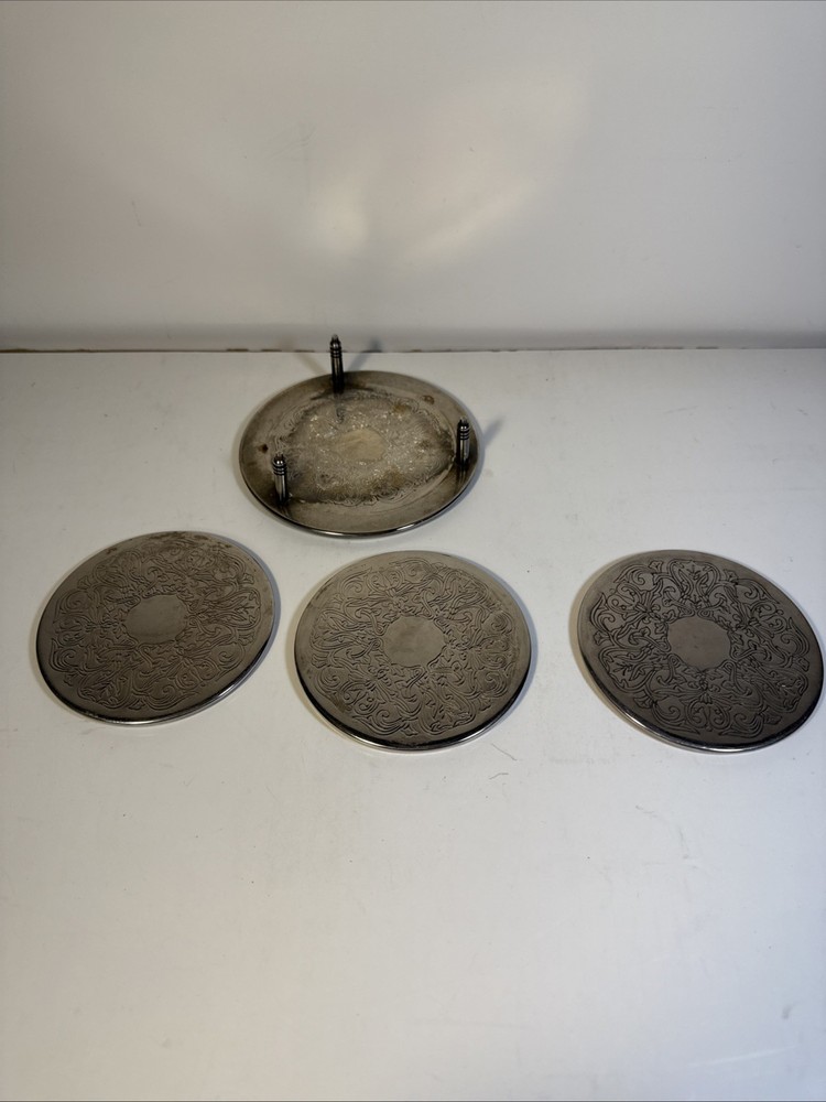Vintage set 3 Silver plate Embossed Leaf design Coasters with Holder