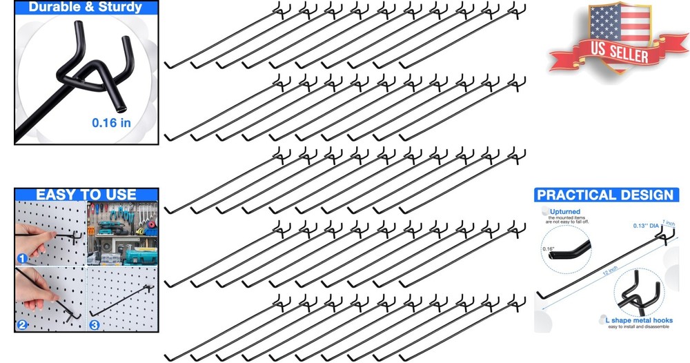 Durable 100 Pcs Pegboard Hooks, 12 Inch Long for Efficient Wall Organization