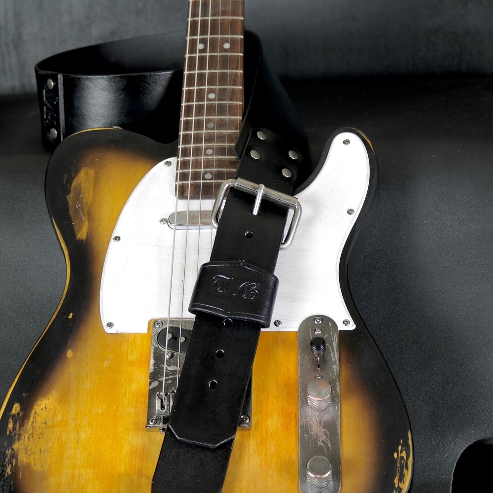Personalized Leather Guitar Strap. Buckle & Studs design. BLACK