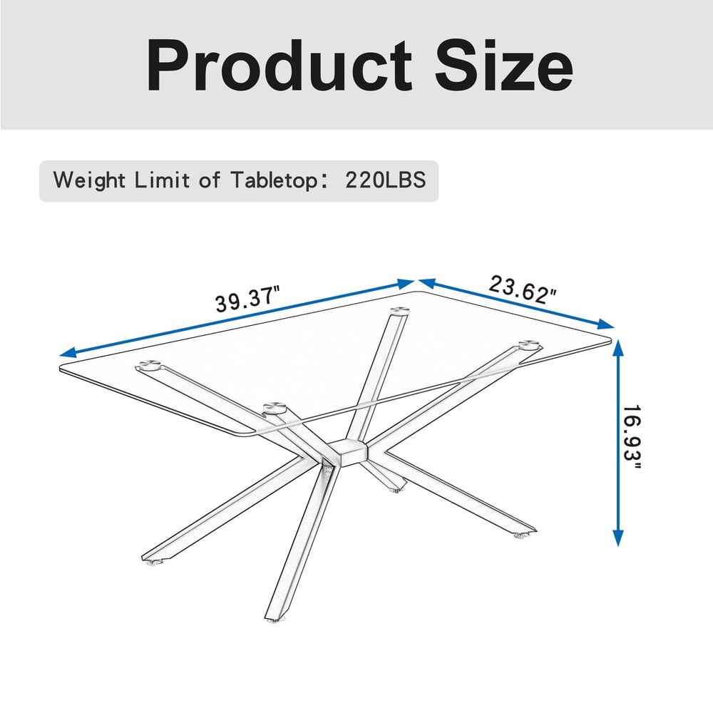 39.37" Rectangular Clear Tempered Glass Coffee Table,Stylish Design with Black
