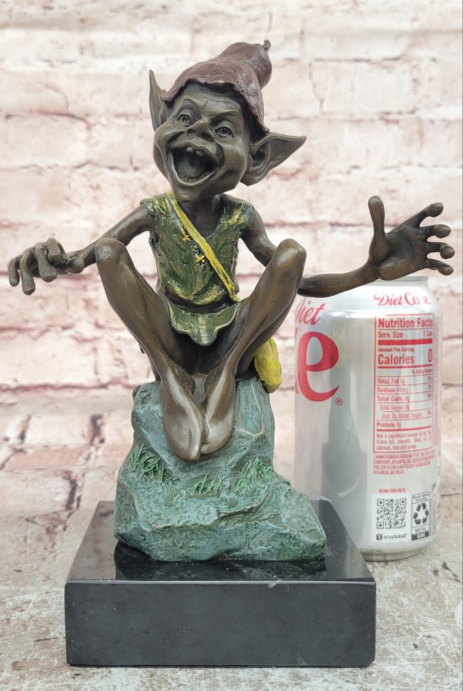 • Funny Goblin Bronze Statue on Marble Base Whimsical Elf Figurine