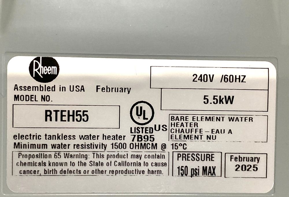 Rheem Non-Thermostatic Commercial Tankless Electric Water Heater 5.5kW, RTEH55