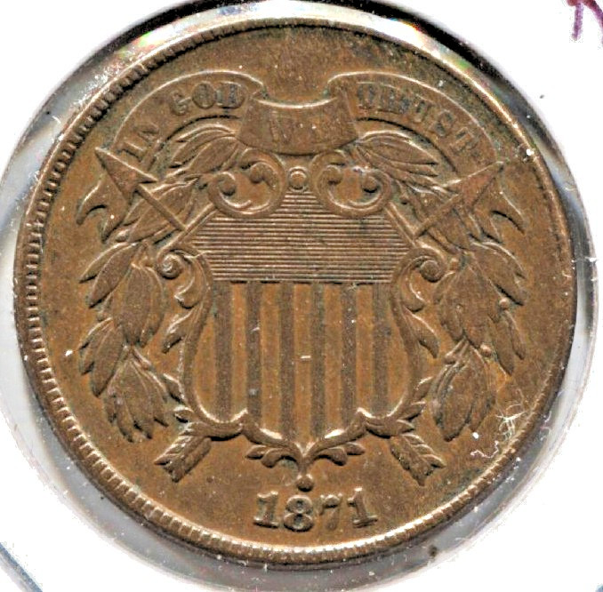choice XF+ 1871/1 two cent piece