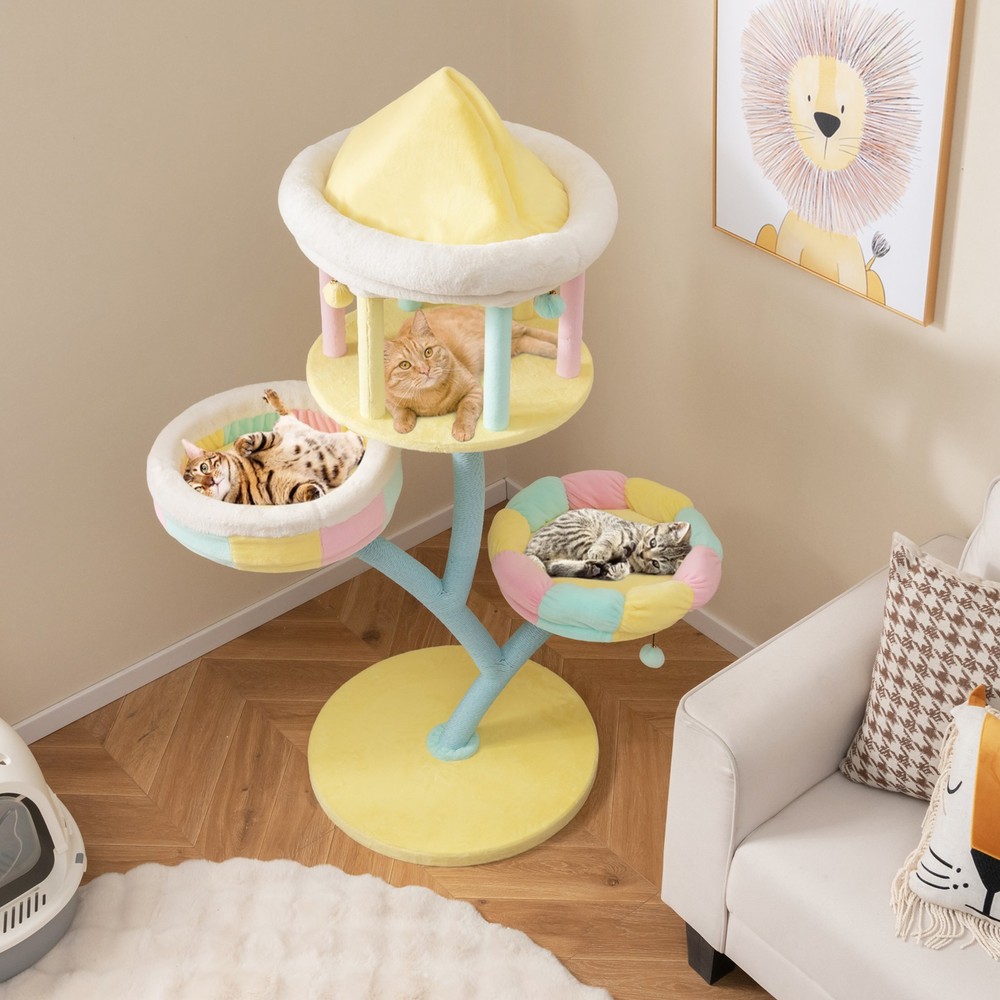 Multi-Layer Cat Tree Cat Tower w/ Open Condo 2 Removable Perches Dangling Balls