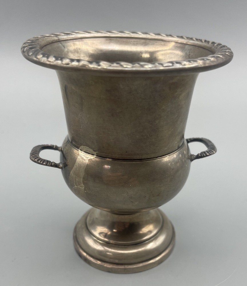 SOLID STERLING SILVER MINI VASE URN TOOTHPICK HOLDER DOUBLE HANDLE, 3 1/4”