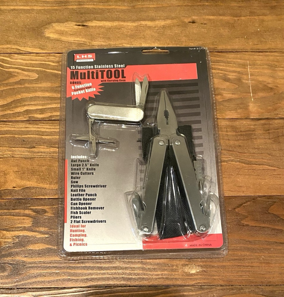 LHS PRODUCTS 15 Function Stainless Steel Multitool With Carrying Case W Knife