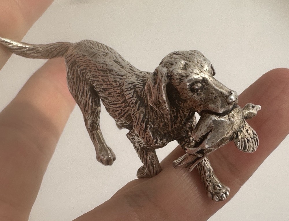 Vintage Solid Silver Miniature Retriever With Duck c.1979
