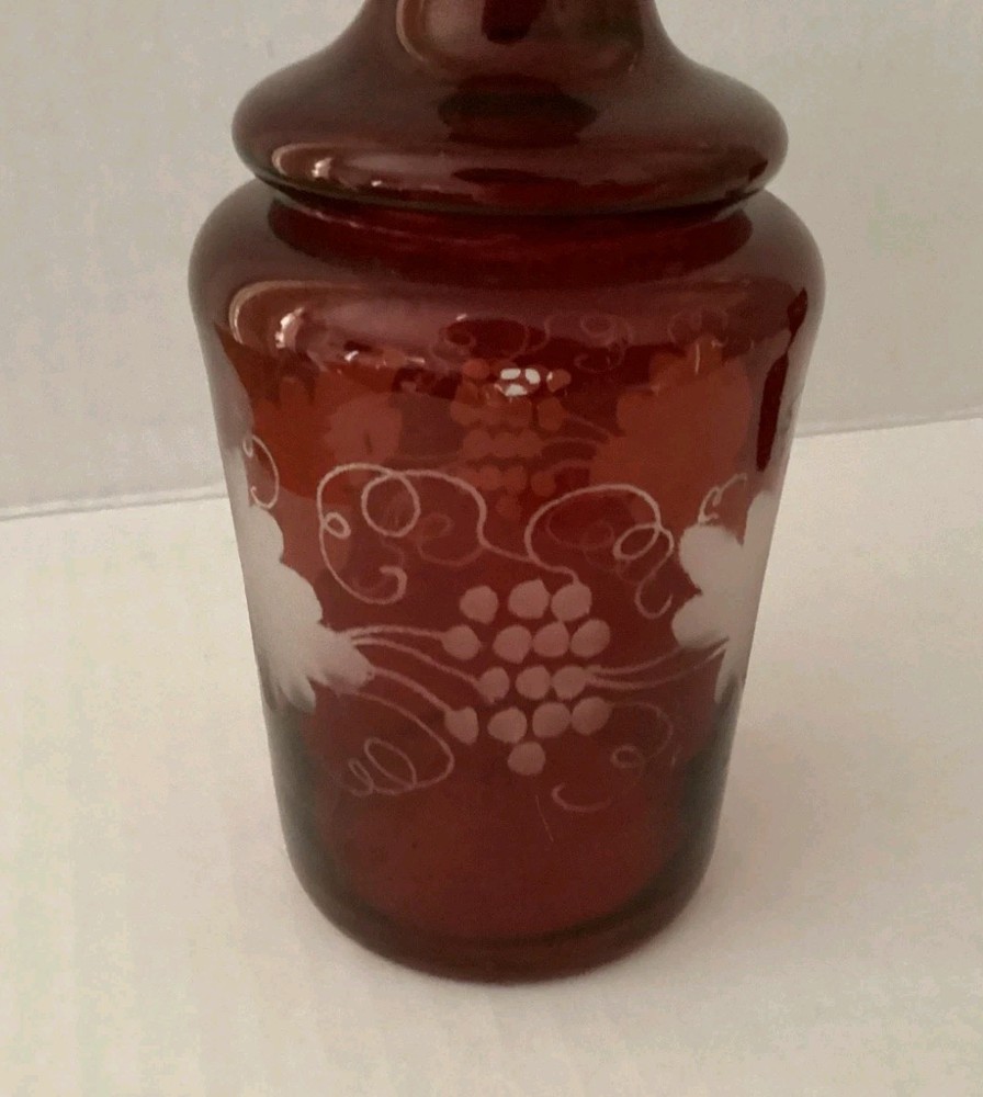 3 Piece Decanter Vase 5.75" Tall Cup Ruby Red Cut To Clear Vintage Handblown