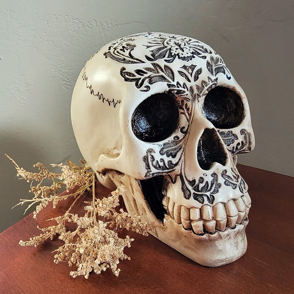Elegant Damask Engraved Human Skull, Oddities Decor