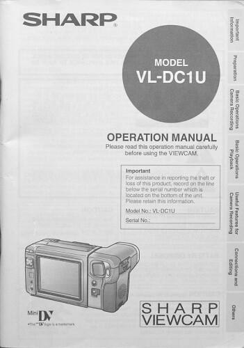 VL-DC1U SHARP Viewcam Camcorder Instruction Manual Original