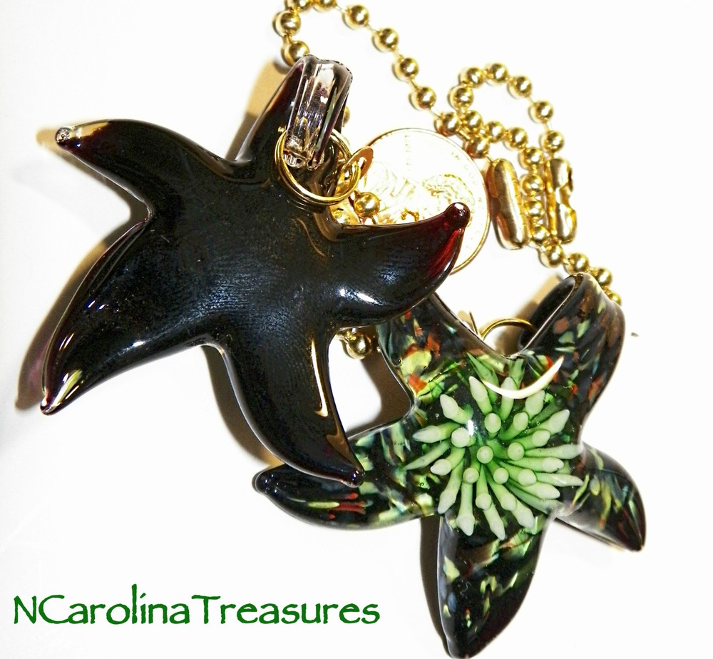 STAR STARFISH GREEN BLACK BURST GLASS CEILING FAN SWITCH PULL PULLS LARGE PAIR