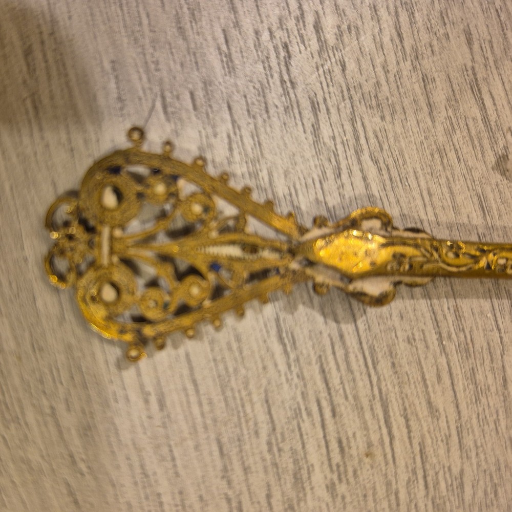 Antique French Brass Champleve Enamel Spoon 8"