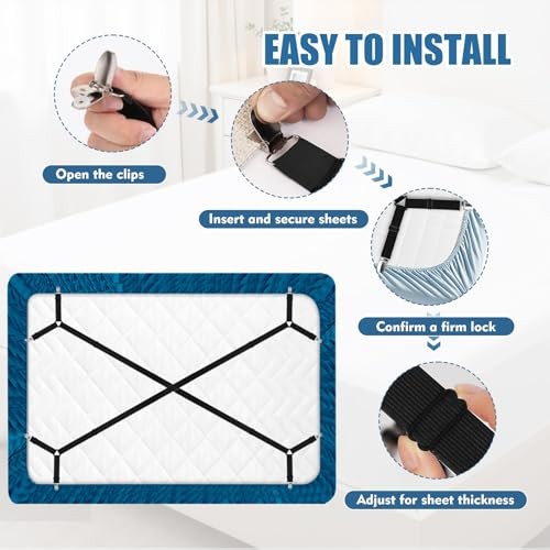 4Pcs Bed Sheet Straps with Metal Clips, Sheet Holders Adjustable Elastic, Bed