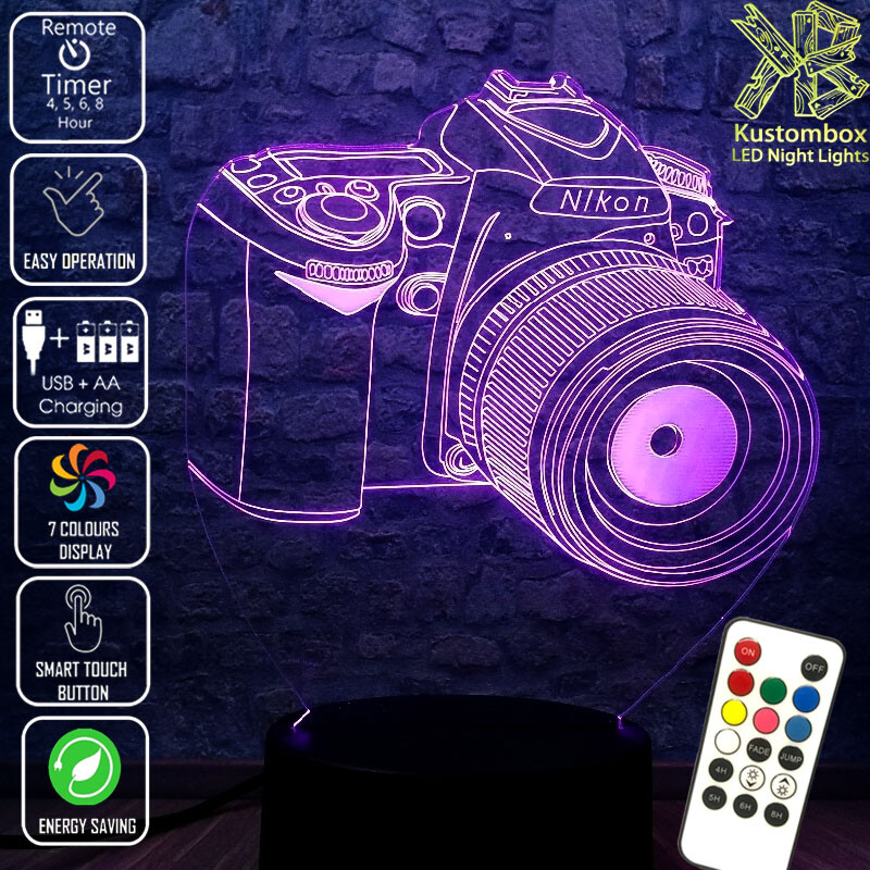NIKON CAMERA SLR 3D LED BATTERY USB NIGHT LIGHT 7 COLOURS REMOTE CONTROL & TIMER