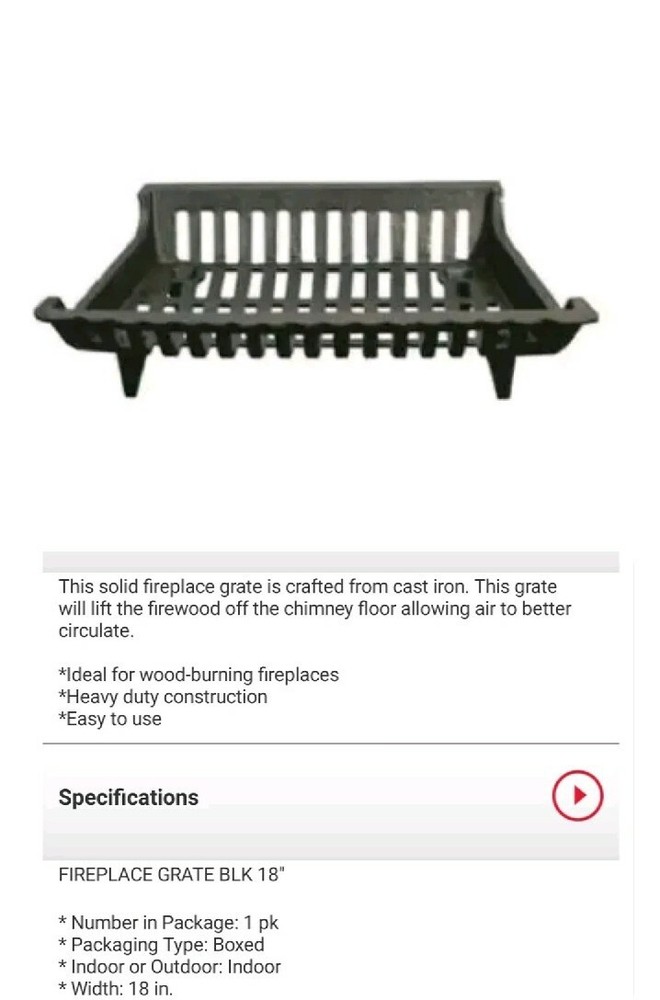 Open Hearth  Cast Iron Fireplace Grate, Black, 18-In.