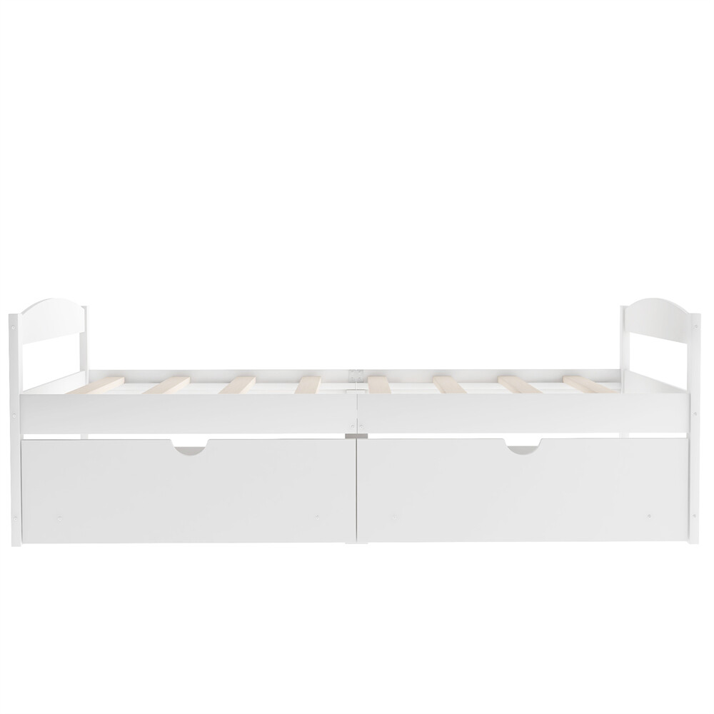 Twin Size Platform Bed Two Drawers White Solid Wood Frame Simple Single-layer