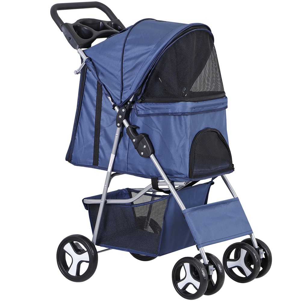 4-Wheels Folding Dog Stroller Pet Stroller for Medium Dogs Cat Stroller Blue