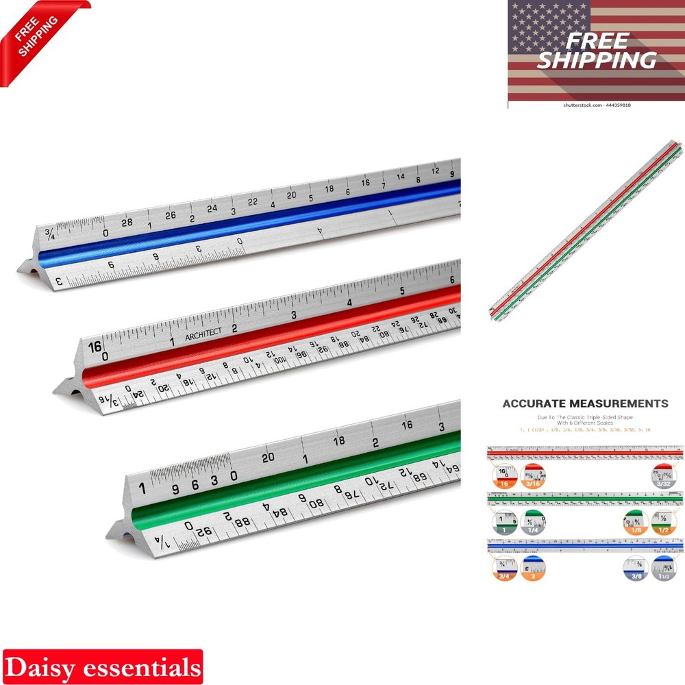 12" Aluminum Architecture Scale Ruler Triangular Engineer Drafting Tool Preci...