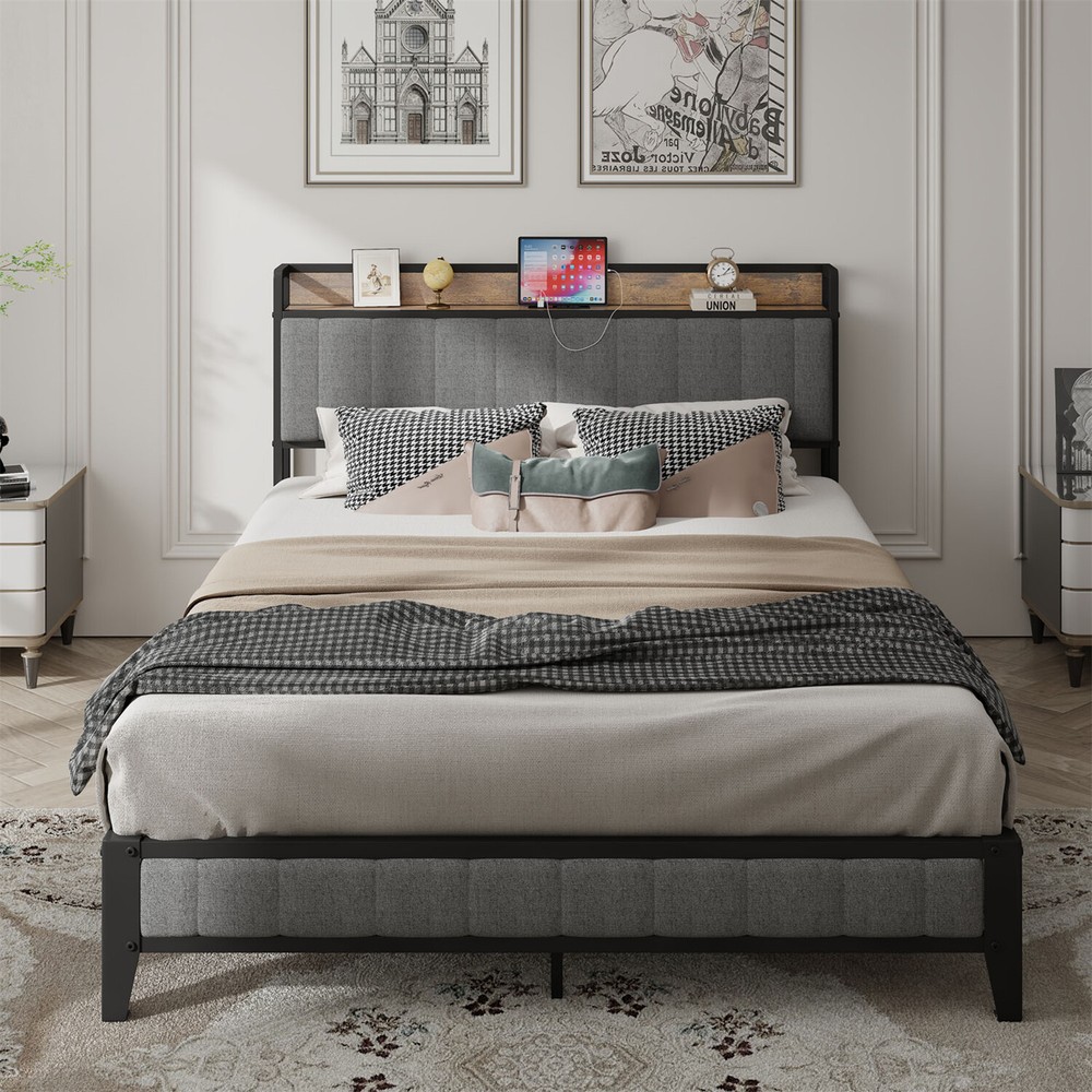 Full Size Bed Frame with Upholstered Headboard Metal Platform Bed with Outlets