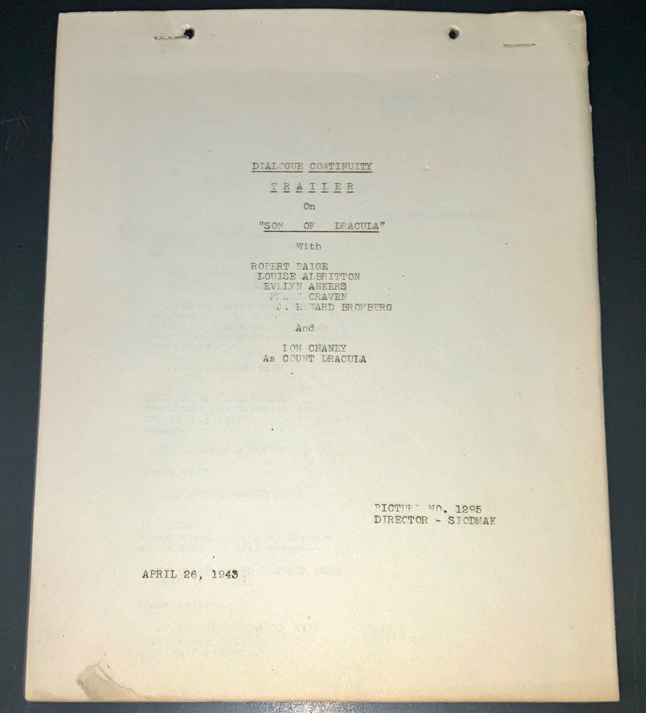 SON OF DRACULA (3/5/43) Rare Universal File Continuity Script + Trailer Script!!