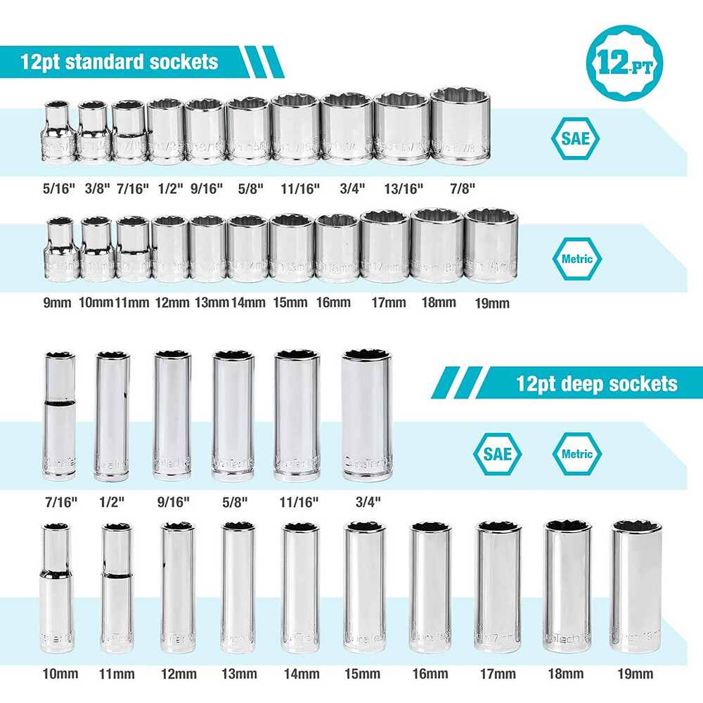 DURATECH 3/8"Drive Socket Set SAE And Metric Socket Ratchet Handle Extension Bar