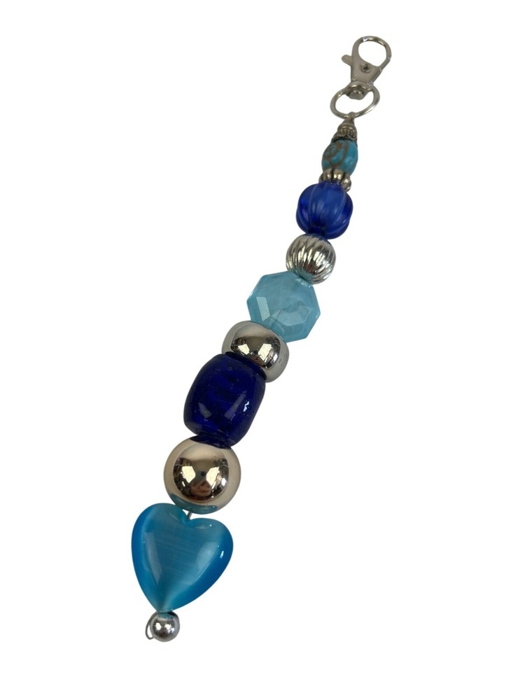 Beaded Charm Keychain Bag Charm With Blue Silver Beads
