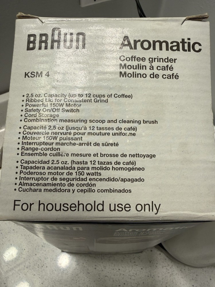 Braun Aromatic Coffee Grinder, model KSM 4, In Original Box