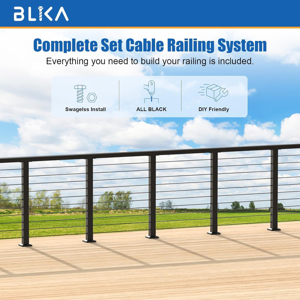36" Black Stainless Steel Cable Railing Post Kit - Surface Mount System