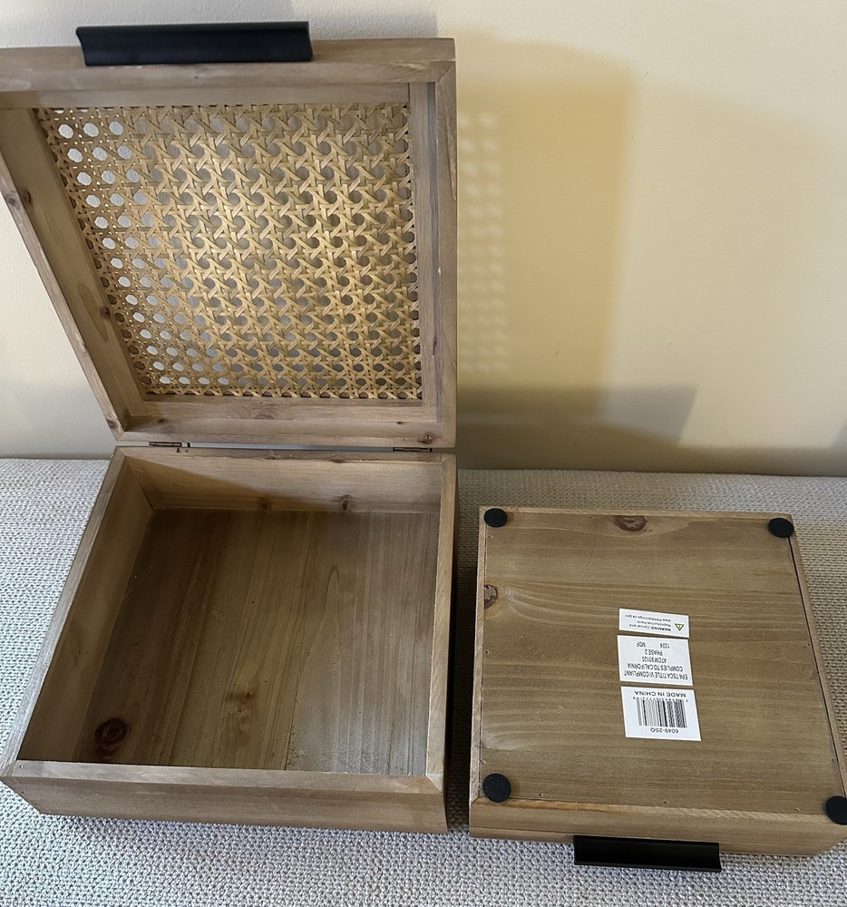 Threshold Wood & Rattan Lidded Stackable Decorative Box Set of 2