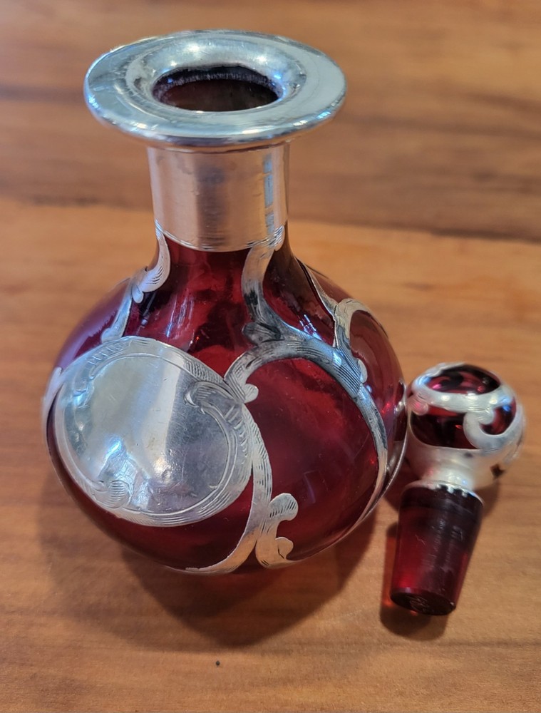 Sterling Silver Antique Silver Overlay RUBY CRANBERRY PERFUME BOTTLE 4"