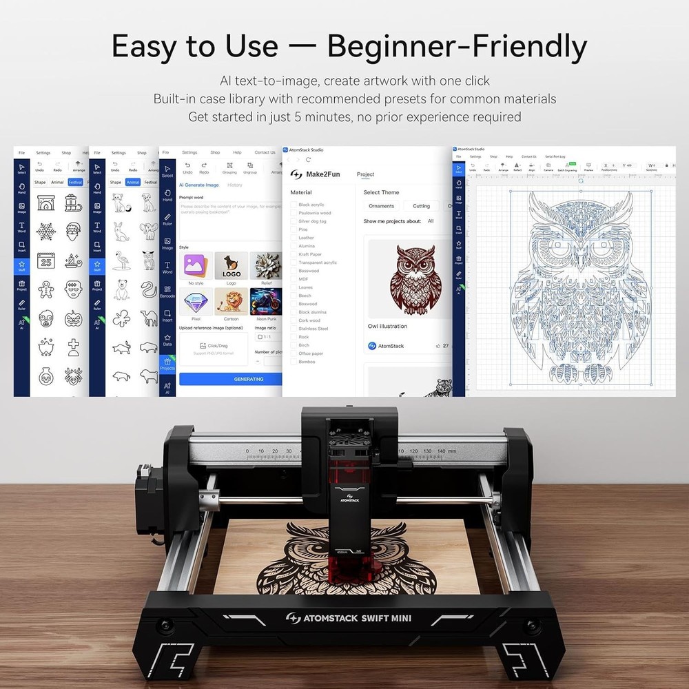 ATOMSTACK SWIFT MINI Laser Engraver 3W, Fully Pre-Assembled 135×145mm Area