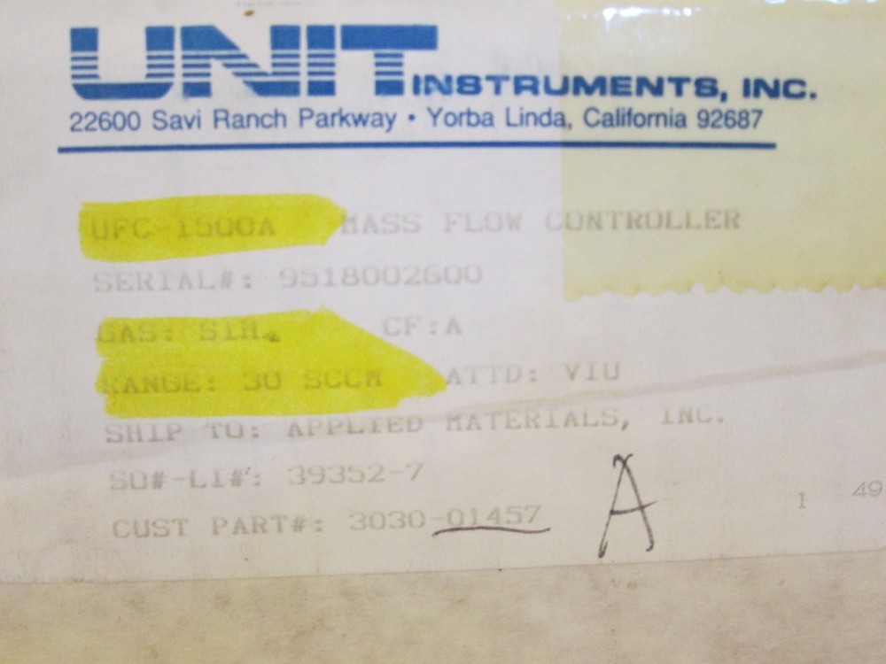 Unit UFC-1500A, MFC, Mass Flow Controller, SIH4, 30 SCCM