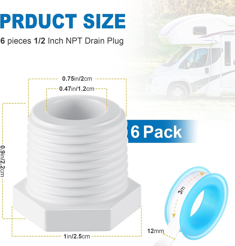 6 Pieces RV Hot Water Heater Drain Plug with Tape, 1/2 Inch NPT Drain Plug White