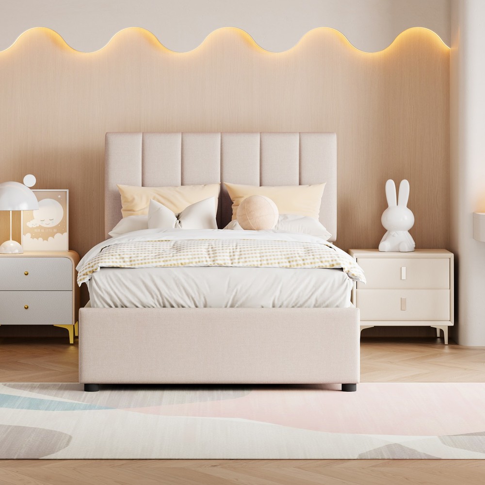 Twin Size Upholstered Platform Bed with a Hydraulic Storage System, Beige
