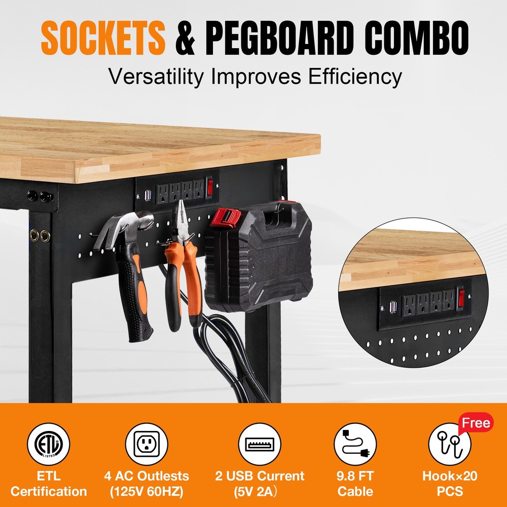 96”Adjustable Work Bench, 5000 LBS Capacity Heavy Duty Workbench with Power Outl