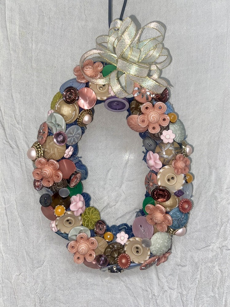 Handmade Oval Wreath 10" Buttons Easter Egg Spring Decor Pastel