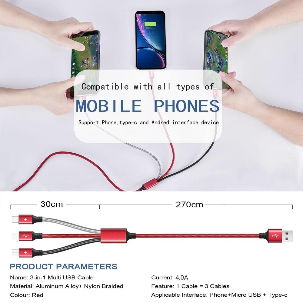 Multi Charging Cable, 10Ft 2Pack Fast Charger Cable Braided Red