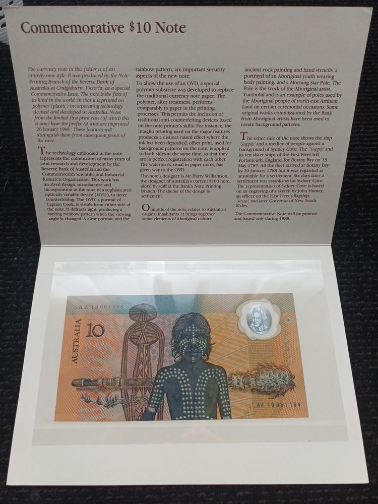 1988 First Polymer Commemorative $10 Note in Folder First Prefix AA