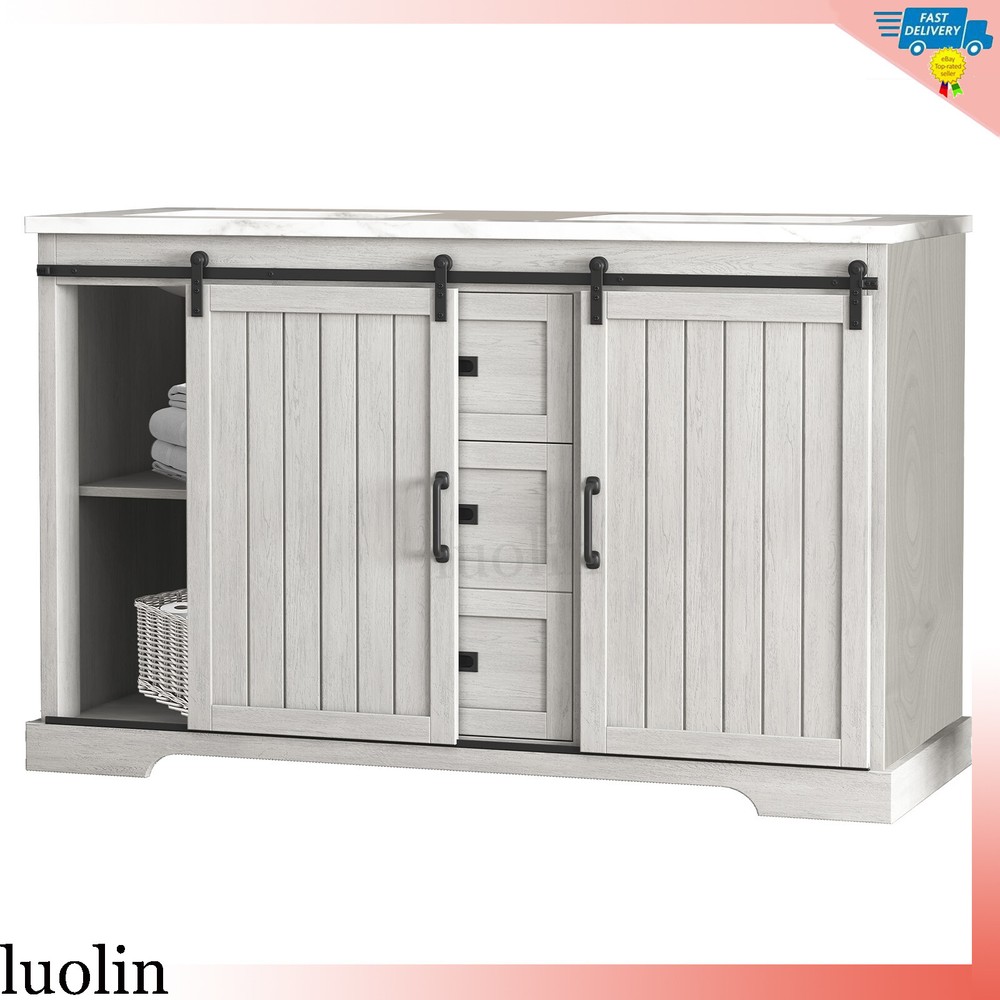 54" Bathroom Vanity Storage with Ceramic Double Sink Combo Marble Countertop