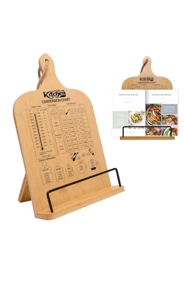 Cookbook Stand Kitchen Counter, Conversion Chart, Bamboo Cookbook Holder, NOB