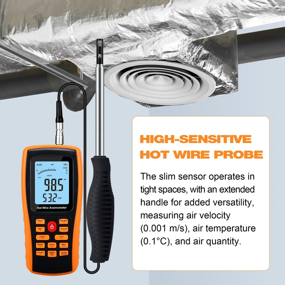Hotwire Anemometer Handheld Anemometer with Telescopic Probe Wind Speed Meter wi