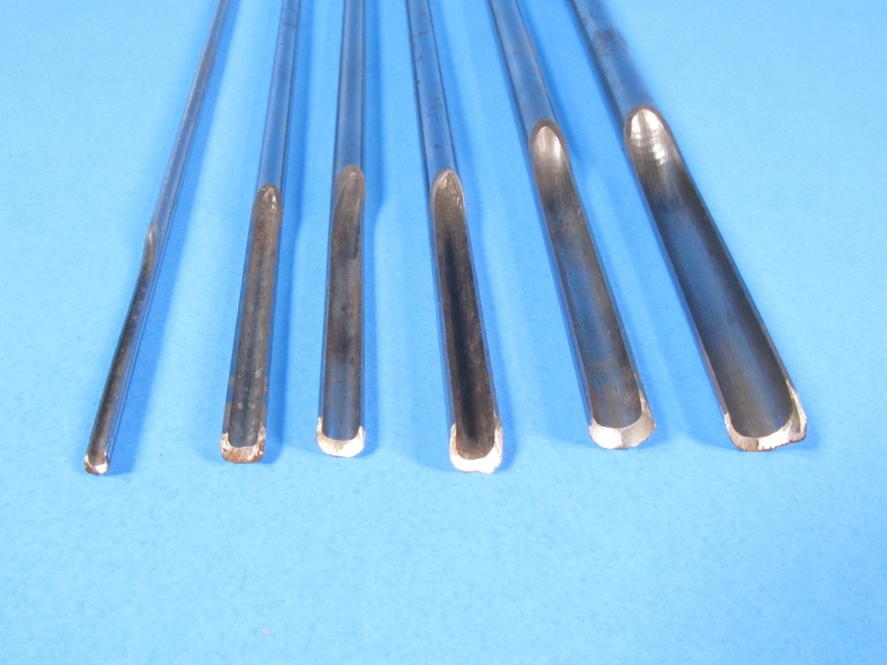 uncommon set 6 drill rod style wood gouges or carving tools w/ knurled handles