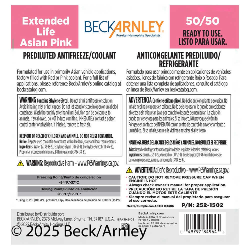 Engine Coolant / Antifreeze Beck/Arnley 252-1502