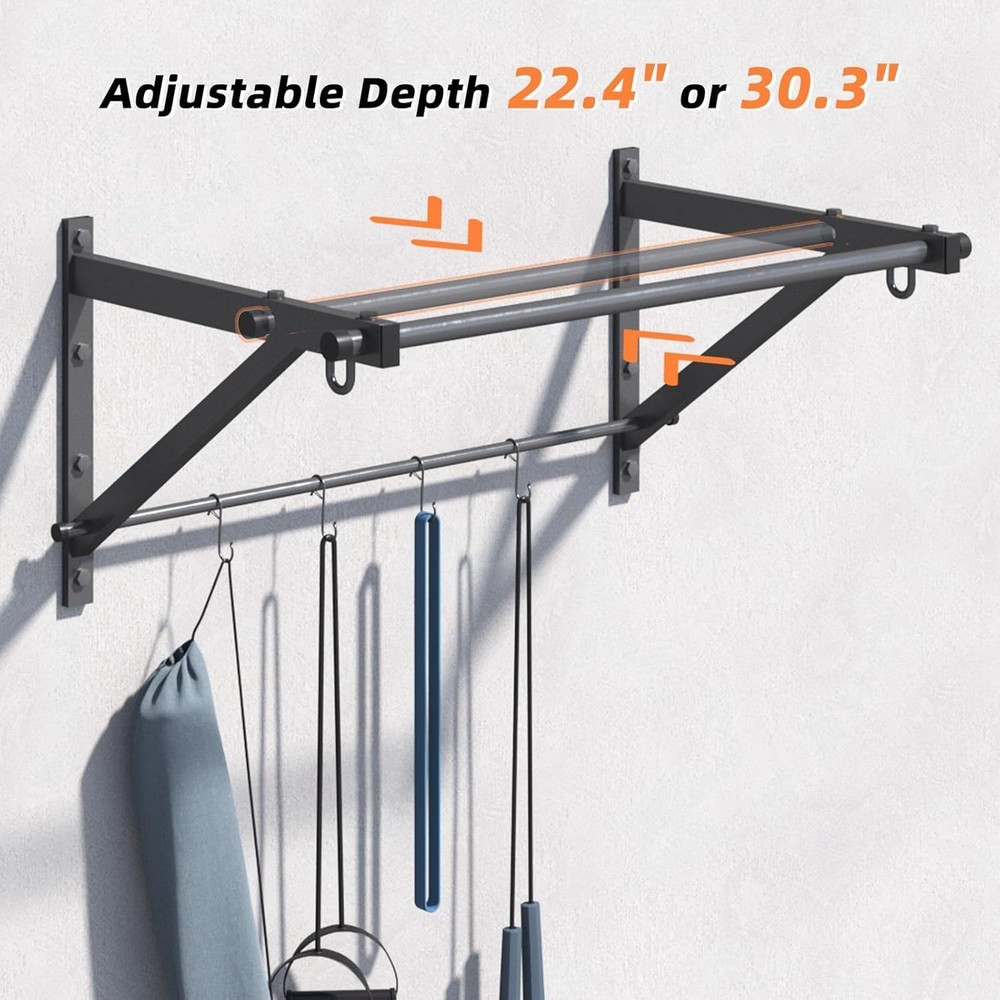 Wall Mounted Pull Up Bar, Strength Training Chin Up Bar with Hooks, Adjustable D