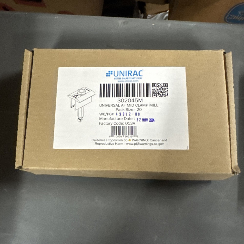 Unirac 302045M  Universal AF Mid Clamp Mill QTY 20