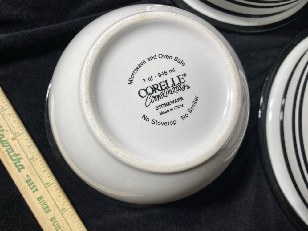 Set 3 Corelle Coordinates Stoneware Mixing Bowls 1,2,3 Quart Black Stripe