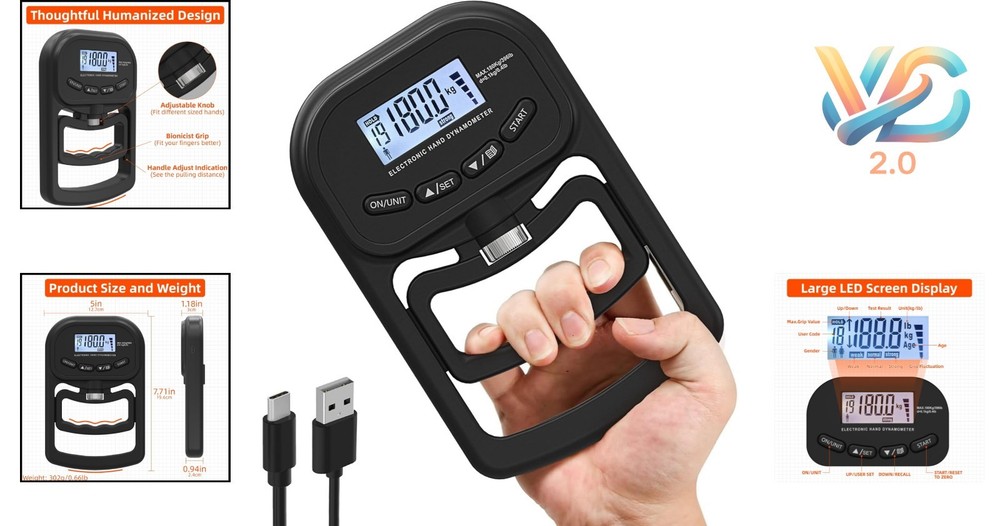 Rechargeable Digital Grip Strength Meter 396lbs with LCD Display